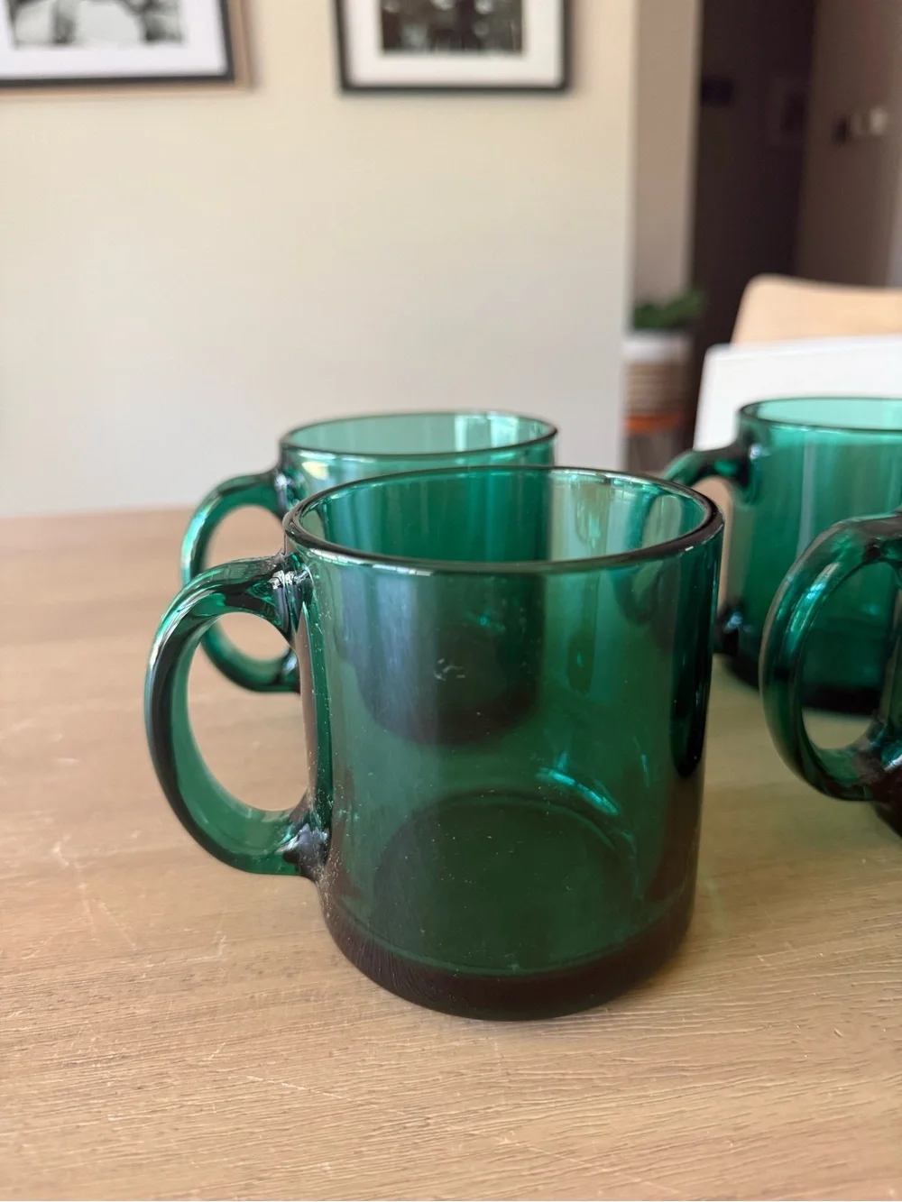Vintage MCM emerald glass clear glass mugs (set of 4)